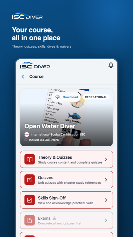 The ISC DIVER app showing an Open Water Diver course with theory, quizzes, skills sign-off and exams.