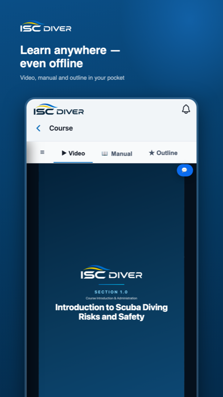 The ISC DIVER app showing an interactive theory lesson in the offline course player.