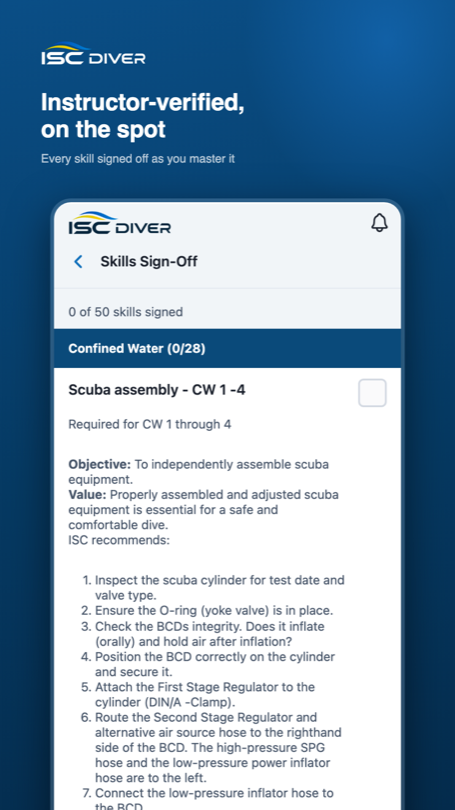 Practical skills list with instructor sign-off status.