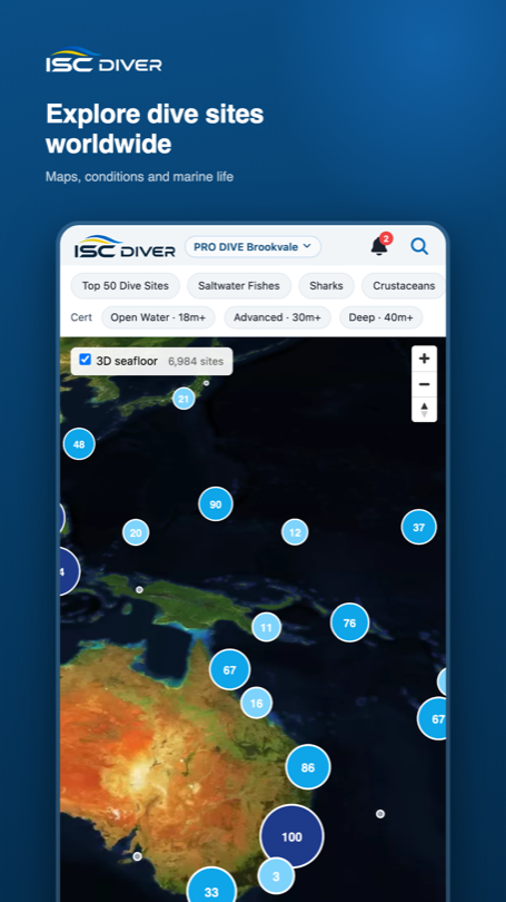 Worldwide dive site map with site pins.