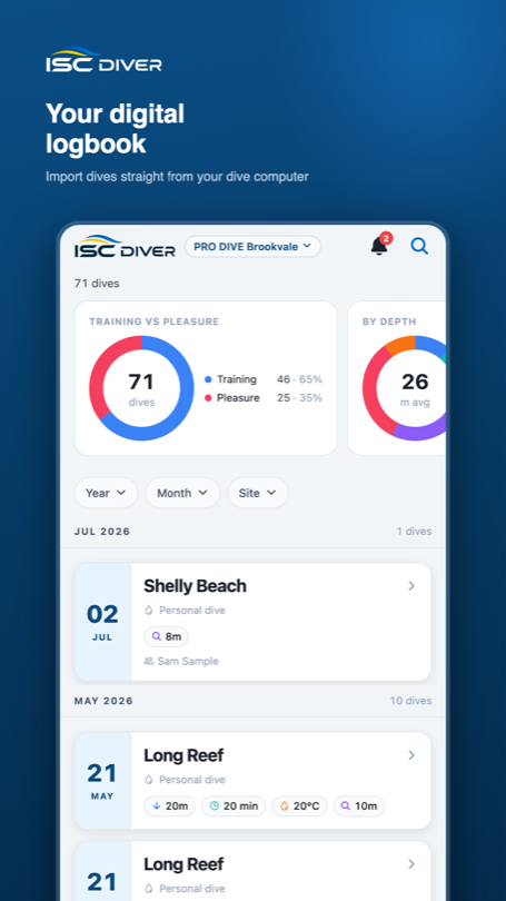 The ISC DIVER app showing a dive log entry with depth, time and the marine life spotted.