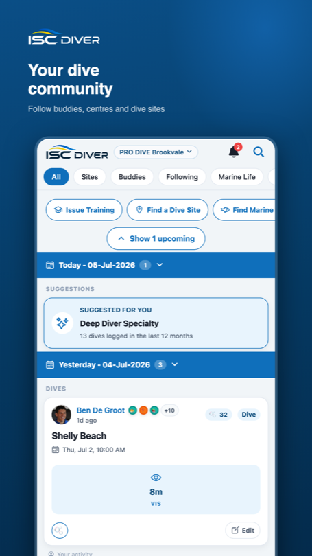Activity feed showing dives and certifications from buddies and dive centres.